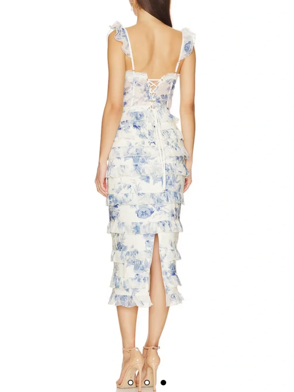 V. Chapman White and Provencal Blue Floral Ruffle Midi Dress - Picture 2 of 6